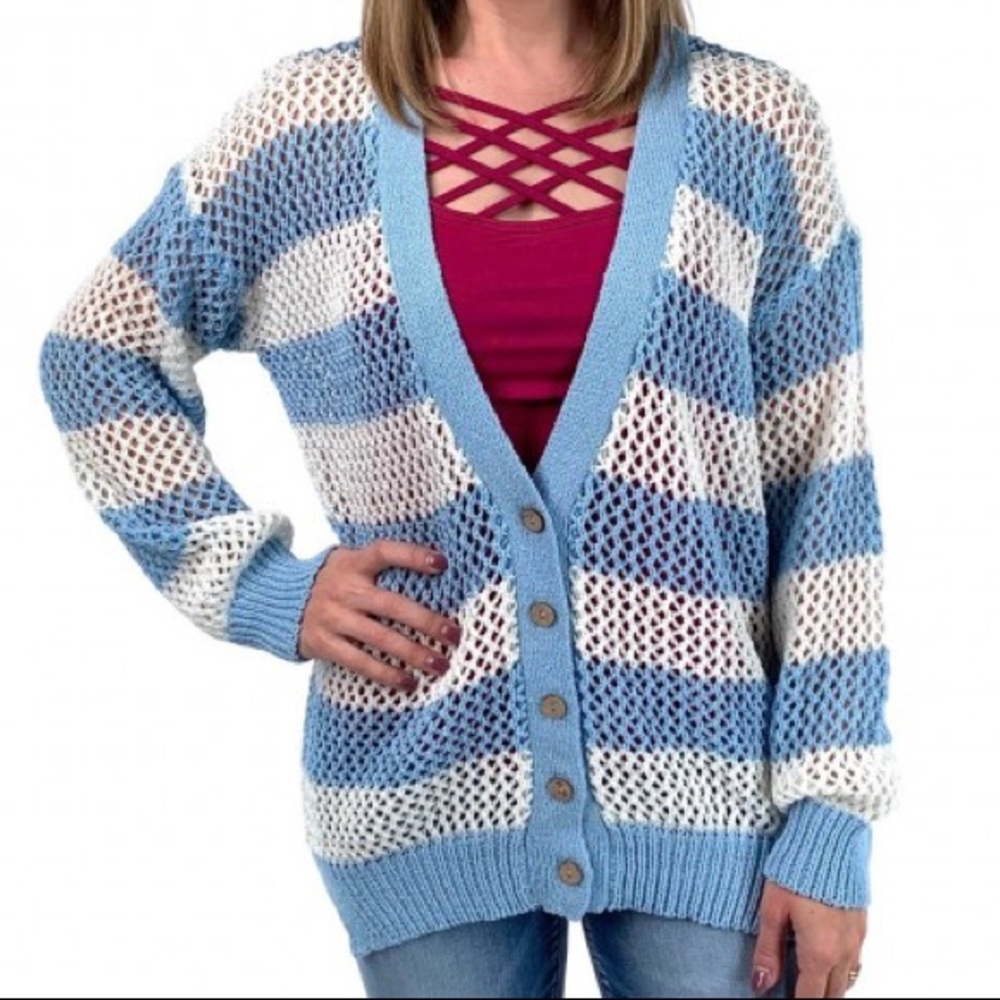 Blue Loose Weave Striped Button Cardigan - Medium